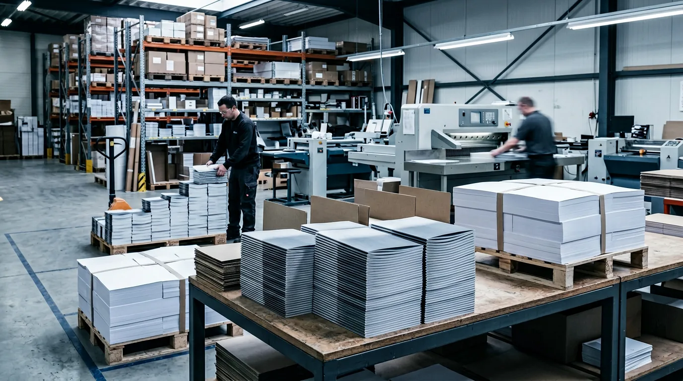 Print finishing area with bound booklets and stacked materials