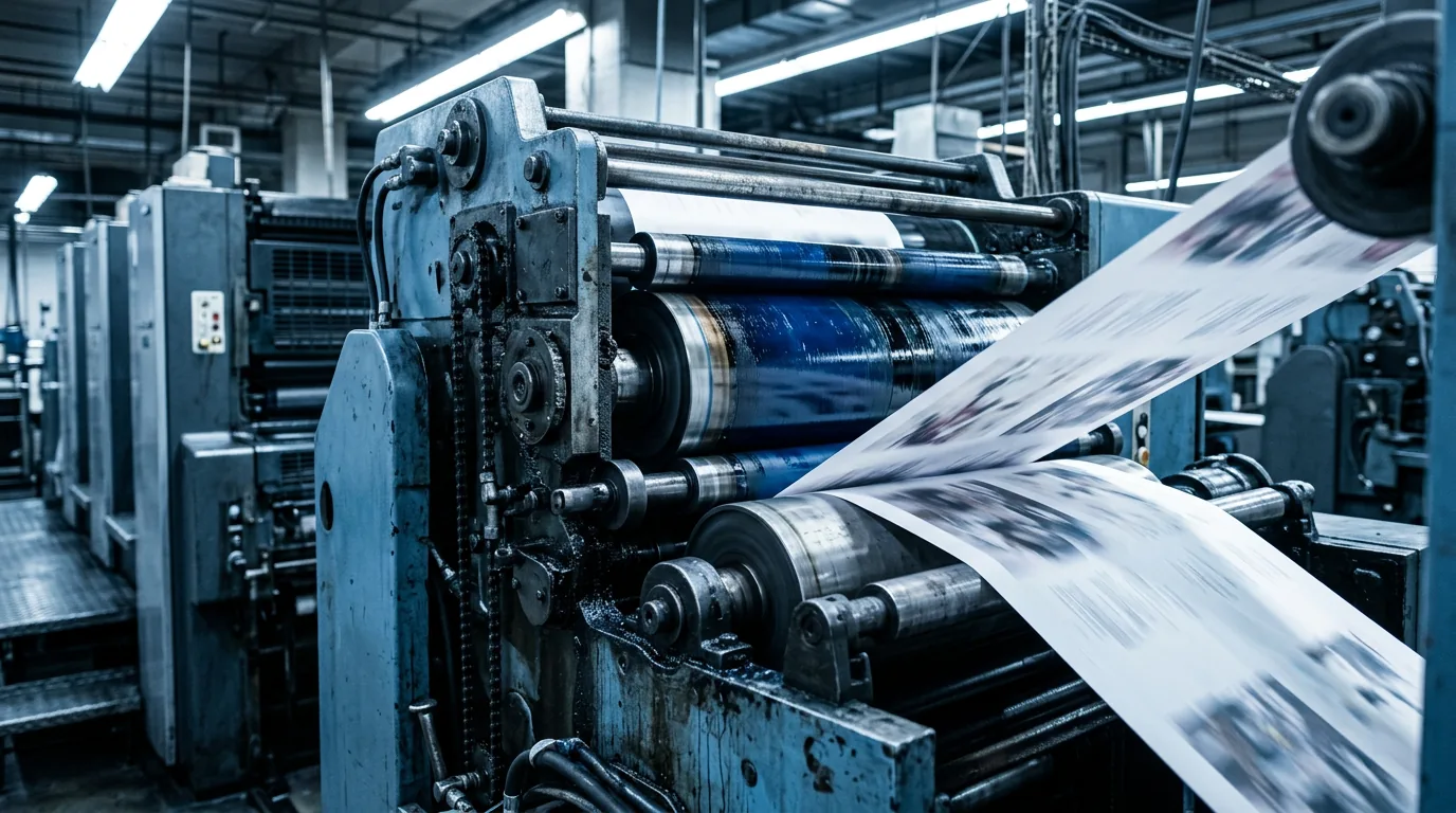 Web offset printing press with paper feed in an industrial print shop