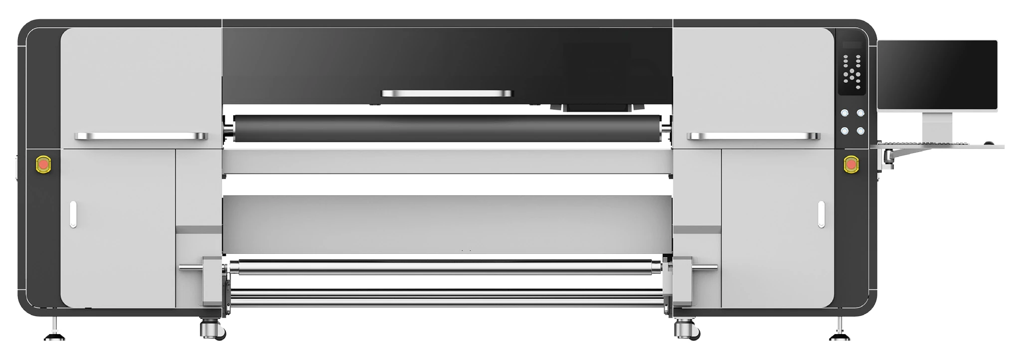 Kaleido UV roll-to-roll printer with media rollers and operator console