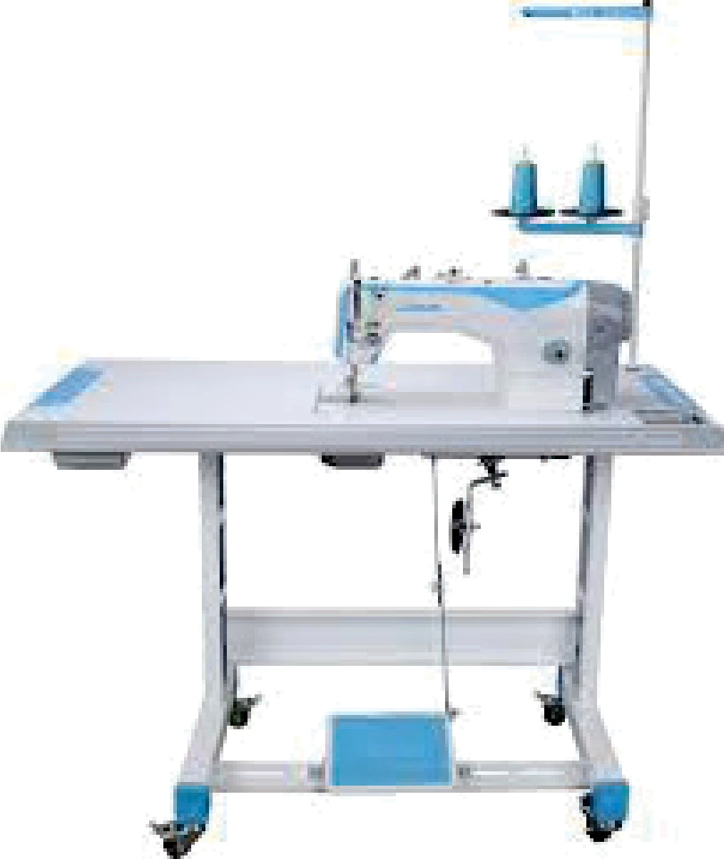 Industrial stitching machine on wheeled stand