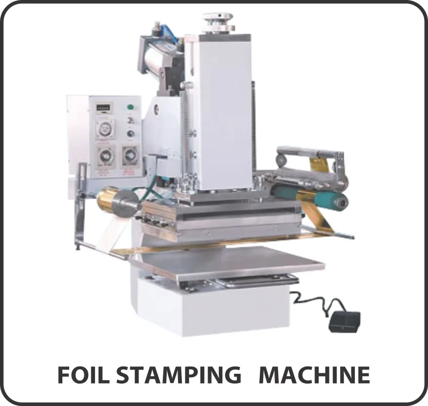 Hot foil stamping machine with foil reels and heated platen