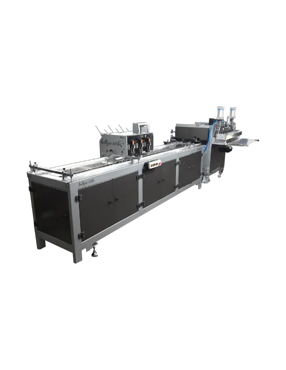 Harbhajan in-line saddle stitching and trimming line with gathering conveyor