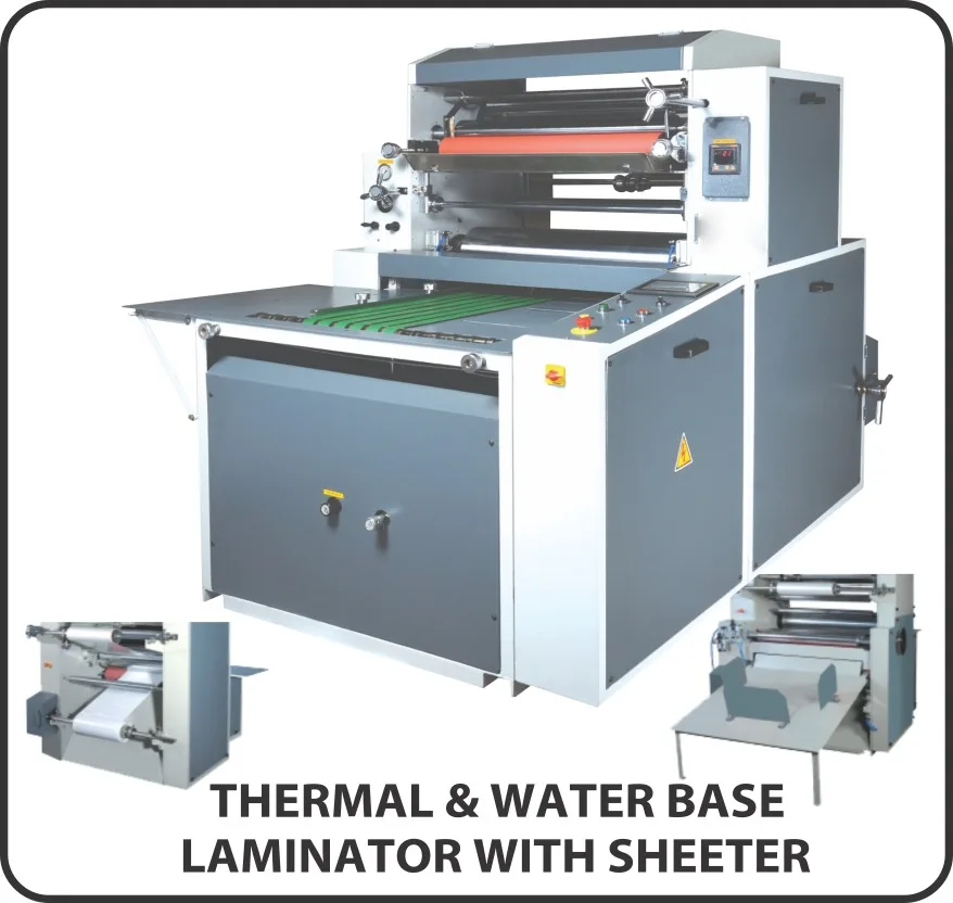 Thermal and water-based laminating machine with in-line sheeter